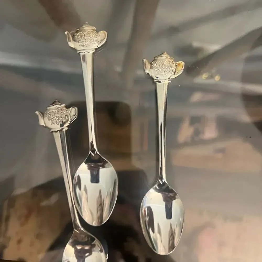 Elegant Silver Teapot Stainless Kettle pot Spoons Set made in Japan.